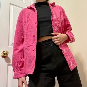 Vintage pink corduroy shirt jacket with floral embroidery